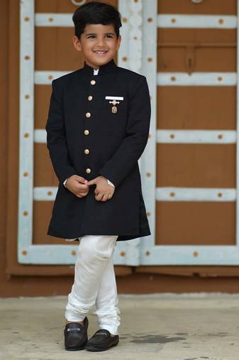 Black coloured self-textured achkan for weddings