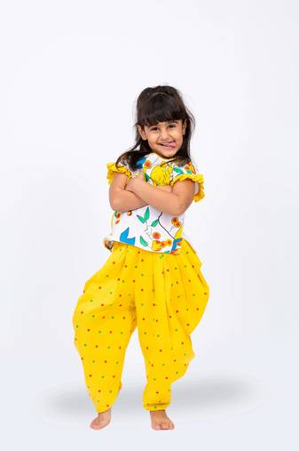 Twisha girls printed top & dhoti pants set - white & yellow