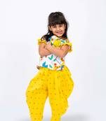 Twisha girls printed top & dhoti pants set - white & yellow