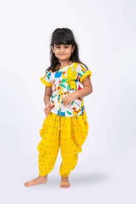 Twisha girls printed top & dhoti pants set - white & yellow 2