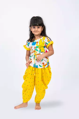 Twisha girls printed top & dhoti pants set - white & yellow