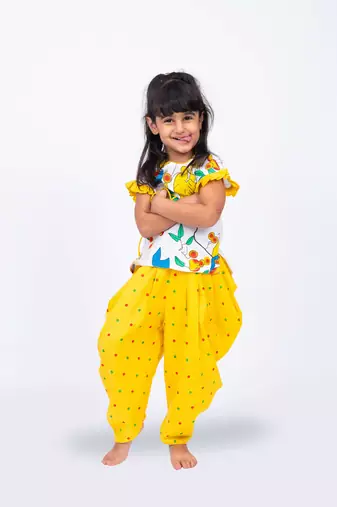 Twisha girls printed top & dhoti pants set - white & yellow