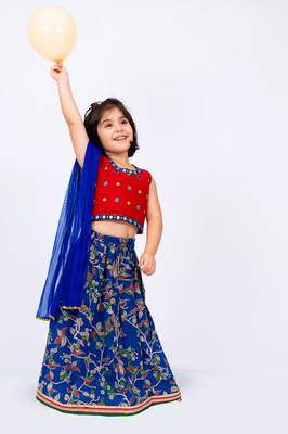 Twisha girls embroidered top with printed ghagra & dupatta set- red & blue 1