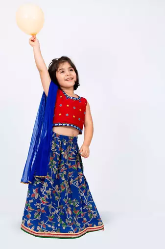 Twisha girls embroidered top with printed ghagra & dupatta set- red & blue