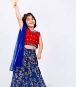 Twisha girls embroidered top with printed ghagra & dupatta set- red & blue