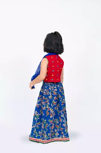 Twisha girls embroidered top with printed ghagra & dupatta set- red & blue