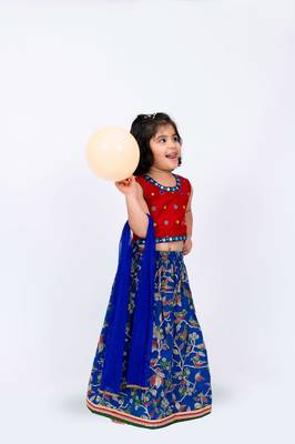Twisha girls embroidered top with printed ghagra & dupatta set- red & blue 3