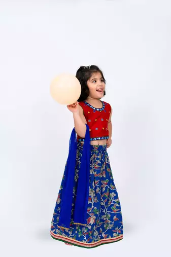 Twisha girls embroidered top with printed ghagra & dupatta set- red & blue