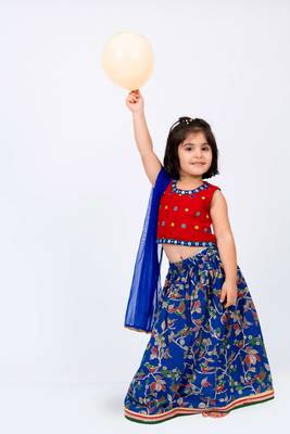 Twisha girls embroidered top with printed ghagra & dupatta set- red & blue 4