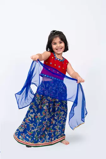 Twisha girls embroidered top with printed ghagra & dupatta set- red & blue