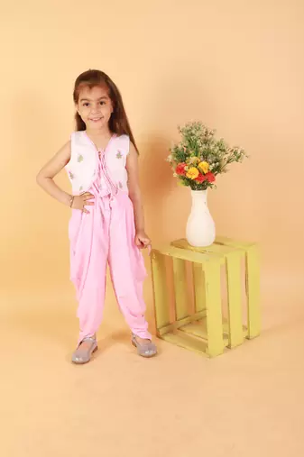 Twisha girls dhoti style jumpsuit with embroidered jacket - baby pink
