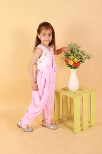 Twisha girls dhoti style jumpsuit with embroidered jacket - baby pink