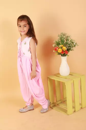 Twisha girls dhoti style jumpsuit with embroidered jacket - baby pink