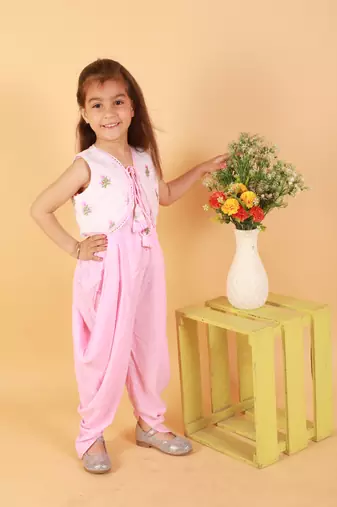 Twisha girls dhoti style jumpsuit with embroidered jacket - baby pink