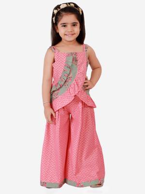 Twisha girls ruffle details cotton printed top and palazzo set - peach & gray 1