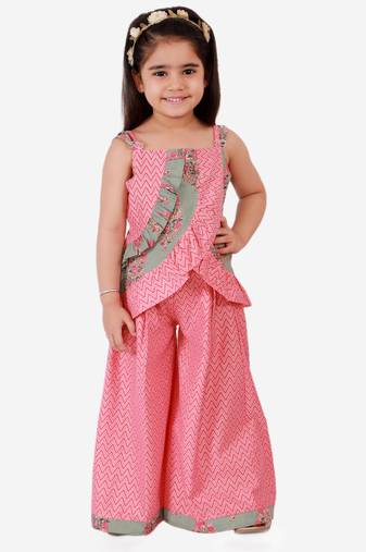 Twisha girls ruffle details cotton printed top and palazzo set - peach & gray