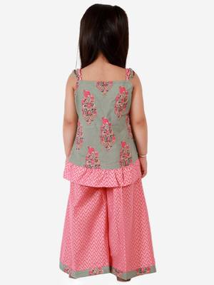 Twisha girls ruffle details cotton printed top and palazzo set - peach & gray 2