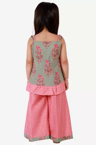 Twisha girls ruffle details cotton printed top and palazzo set - peach & gray