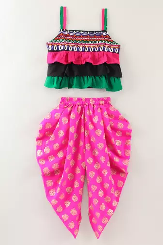 Twisha girls embroidered layered top & foil printed dhoti pant set - multicolour & pink