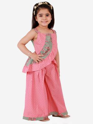 Twisha girls ruffle details cotton printed top and palazzo set - peach & gray 3