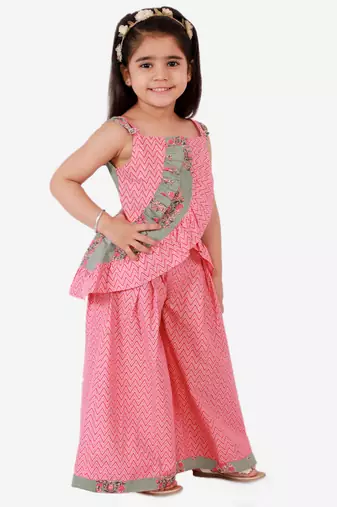 Twisha girls ruffle details cotton printed top and palazzo set - peach & gray