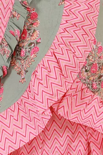 Twisha girls ruffle details cotton printed top and palazzo set - peach & gray