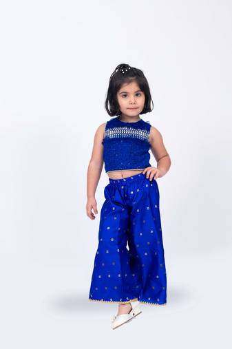Twisha girls embroidered top with frill details & self designed palazzo set - blue