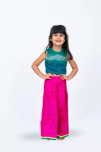 Twisha girls embroidered top with frill details & self designed palazzo set - green & pink
