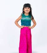 Twisha girls embroidered top with frill details & self designed palazzo set - green & pink