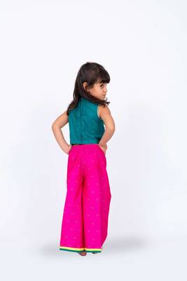 Twisha girls embroidered top with frill details & self designed palazzo set - green & pink 2