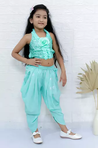 Twisha girls halter neck sequin top & dhoti pant - sea green