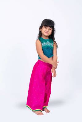 Twisha girls embroidered top with frill details & self designed palazzo set - green & pink 3