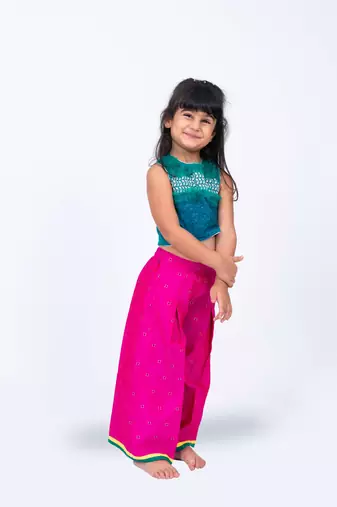 Twisha girls embroidered top with frill details & self designed palazzo set - green & pink