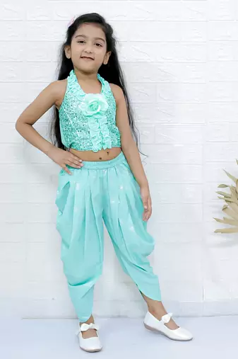 Twisha girls halter neck sequin top & dhoti pant - sea green
