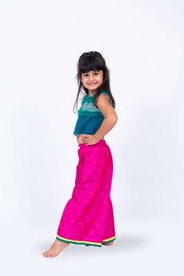 Twisha girls embroidered top with frill details & self designed palazzo set - green & pink 4