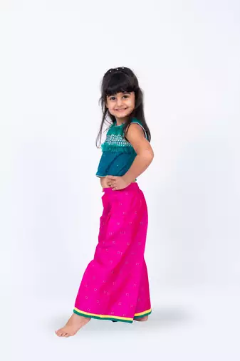 Twisha girls embroidered top with frill details & self designed palazzo set - green & pink