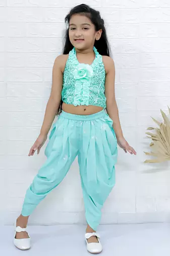 Twisha girls halter neck sequin top & dhoti pant - sea green