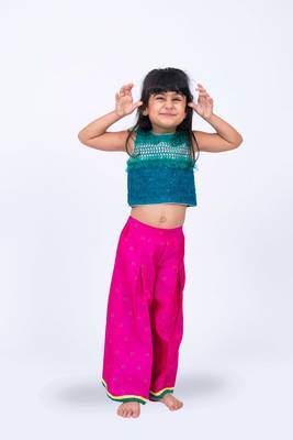 Twisha girls embroidered top with frill details & self designed palazzo set - green & pink 5
