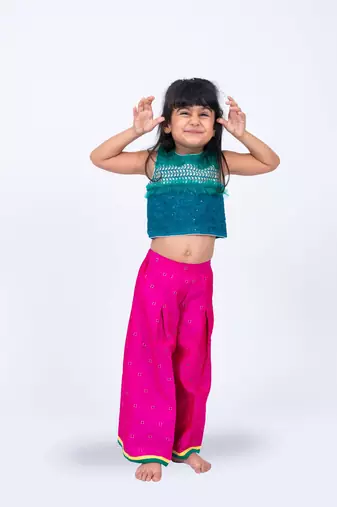 Twisha girls embroidered top with frill details & self designed palazzo set - green & pink