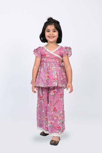 Twisha girls floral printed v-neck lace embellished top & palazzo set - pink