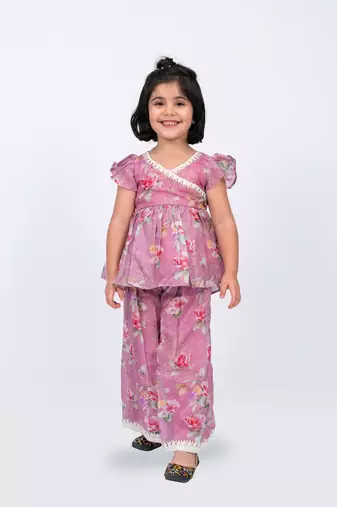 Twisha girls floral printed v-neck lace embellished top & palazzo set - pink