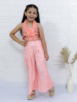 Twisha girls halter neck sequin top & printed palazzo set - peach 1
