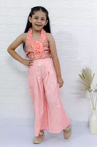 Twisha girls halter neck sequin top & printed palazzo set - peach