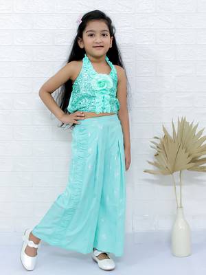 Twisha girls halter neck sequin top & pleated palazzo set - sea green 1