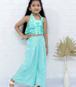 Twisha girls halter neck sequin top & pleated palazzo set - sea green