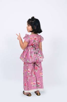 Twisha girls floral printed v-neck lace embellished top & palazzo set - pink 2