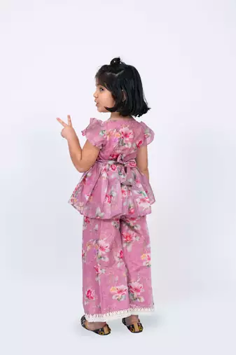 Twisha girls floral printed v-neck lace embellished top & palazzo set - pink