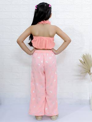 Twisha girls halter neck sequin top & printed palazzo set - peach 2