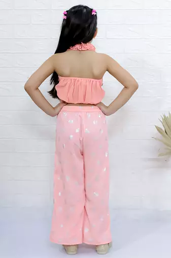 Twisha girls halter neck sequin top & printed palazzo set - peach