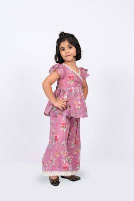 Twisha girls floral printed v-neck lace embellished top & palazzo set - pink 3